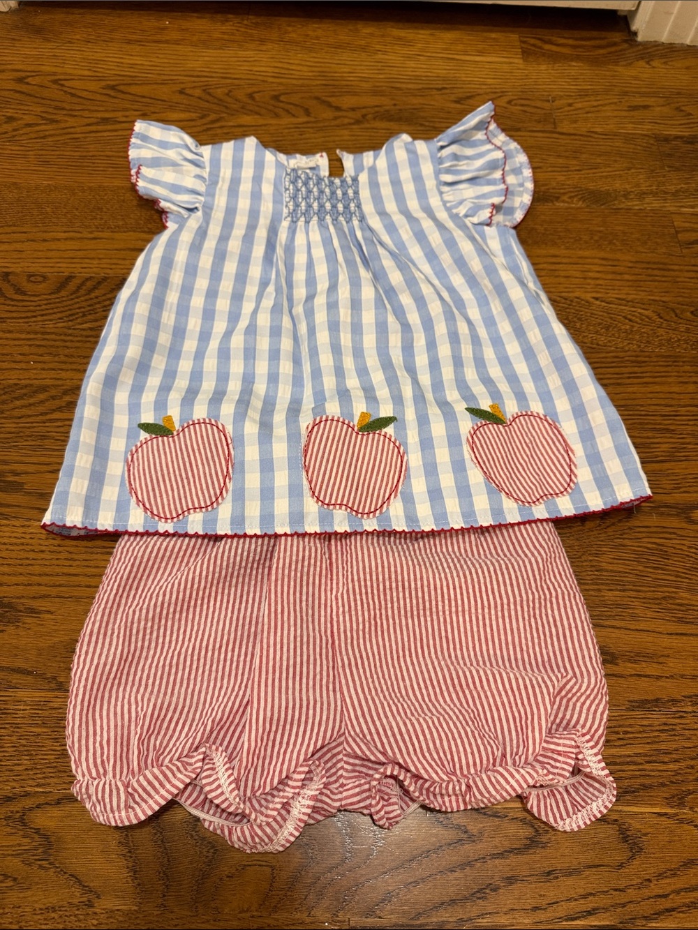 Mud Pie Blue & Red Apple Embroidered Girls Matching Set